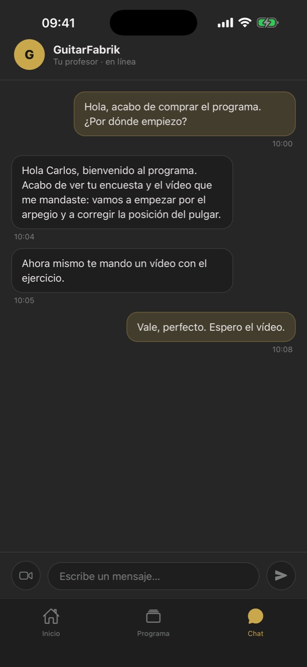 Chat con el profesor en la app GuitarFabrik Academy