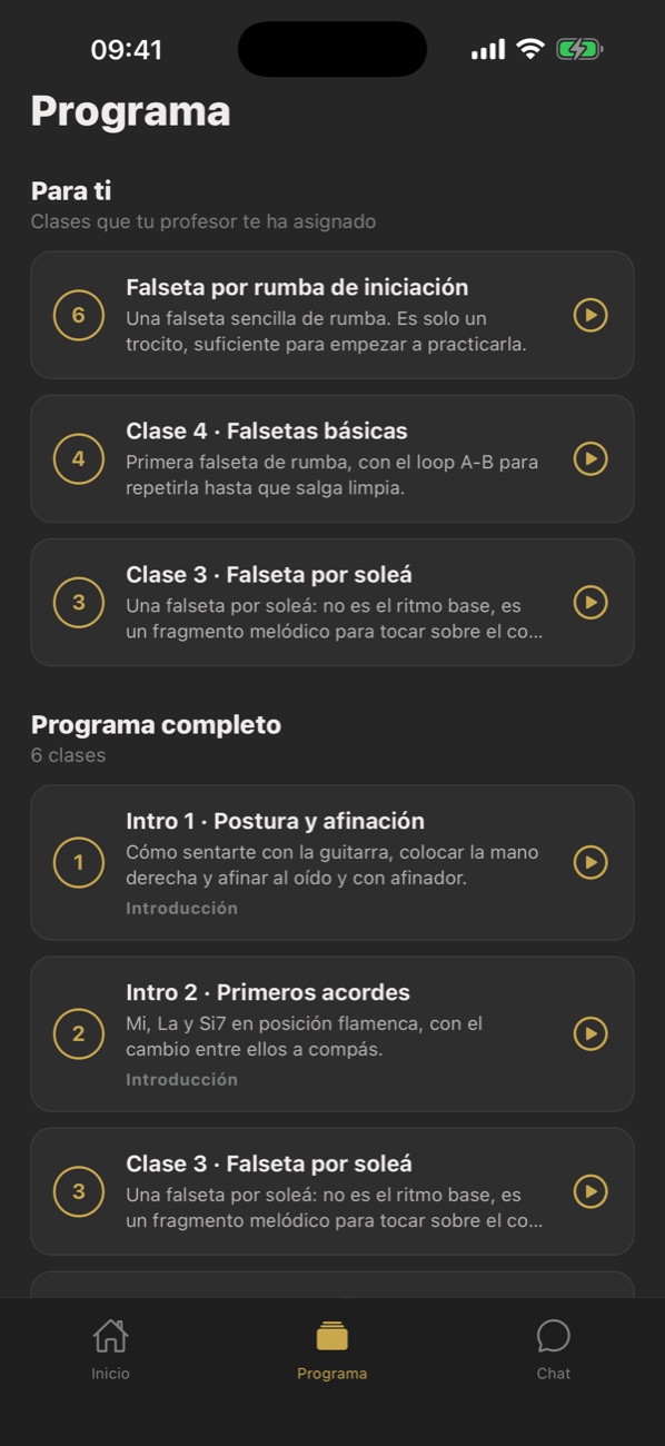 Pantalla Programa de la app GuitarFabrik Academy
